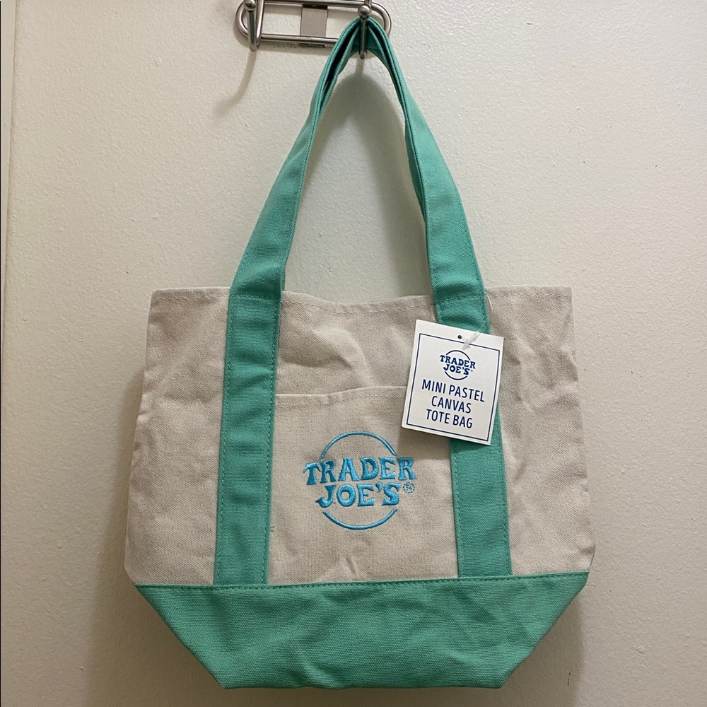 Trader Joe’s Mini Canvas Tote Bag in Light Green Blue Beige
